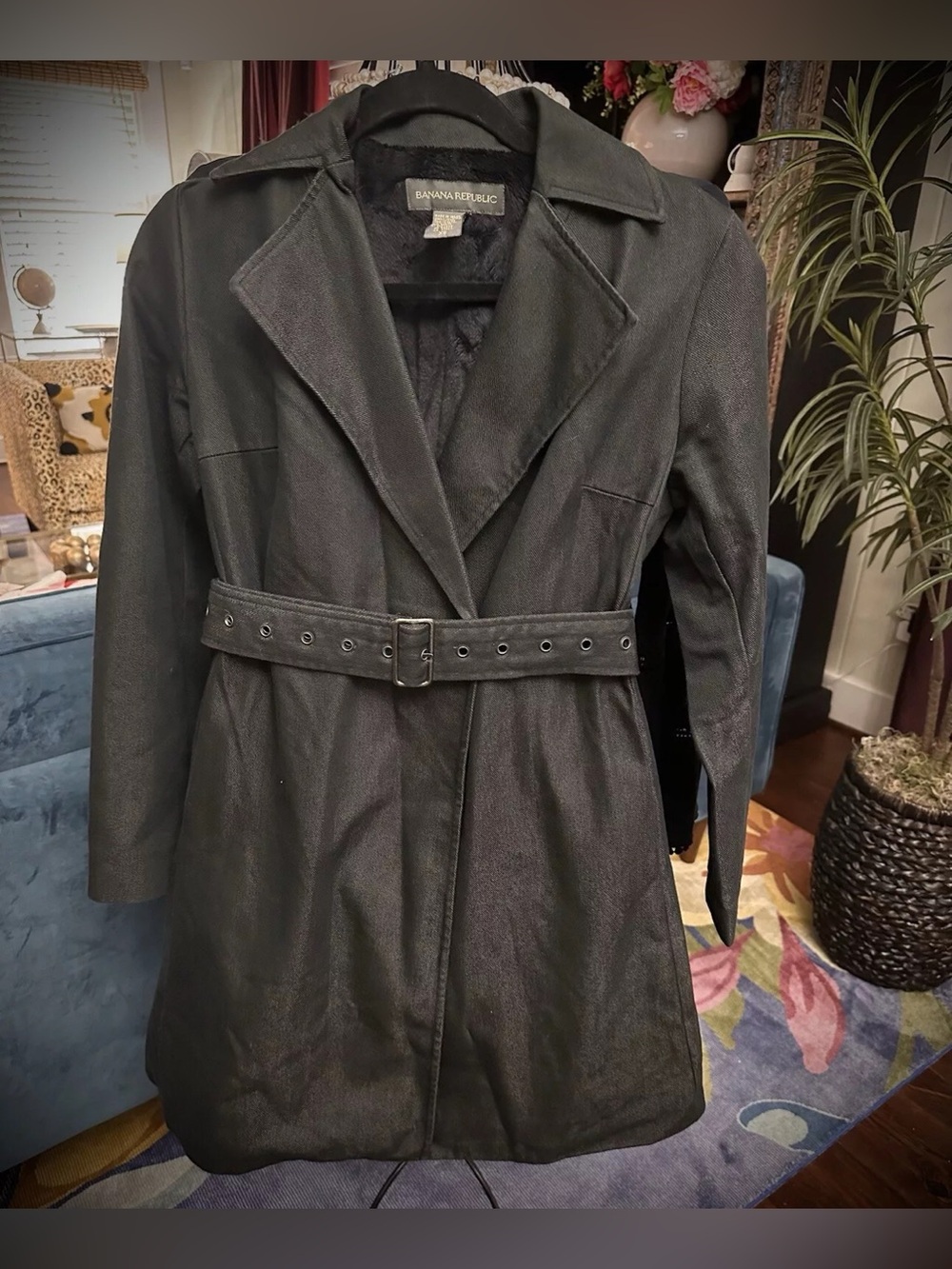 Banana Republic Black Belted Trench Coat faux fur lined